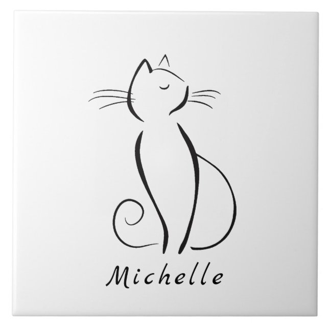 Minimalistisk svart katt på vitt lägg till namn kakelplatta (Framsidan)