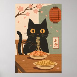 Minimalistisk svart katt som äter spagetti japansk poster