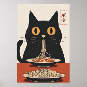 Minimalistisk svart katt som äter spagetti japansk poster