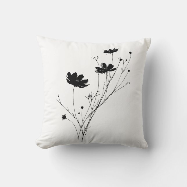 Minimalistisk svart konstnärlig vildblommaskastkud kudde (Framsida)
