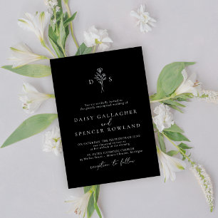 Minimalistisk Svart Modern Blommig Monogram Bröllo Inbjudningar