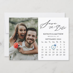 Minimalistisk svart, modern fotokalender för skrip spara datumet