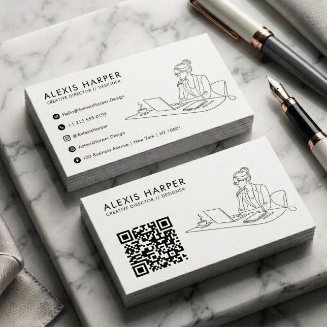 Minimalistisk svart modern linjekonst Kvinna QR-ko Visitkort (Chic Line Art QR Code Business Card Design)