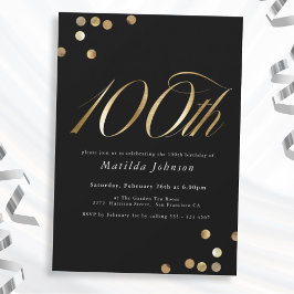 Minimalistisk svart och Guld 100:e Födelsedagsfest Inbjudningar