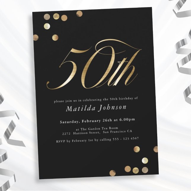 Minimalistisk svart och Guld 50:e Födelsedagsfeste Inbjudningar (Mockup View)