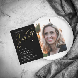 Minimalistisk svart och guld 60-års fotokort inbjudningar