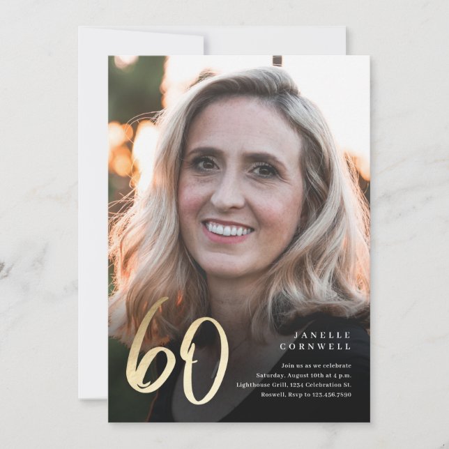 Minimalistisk svart och guld 60-årsfest inbjudningar (Framsida)