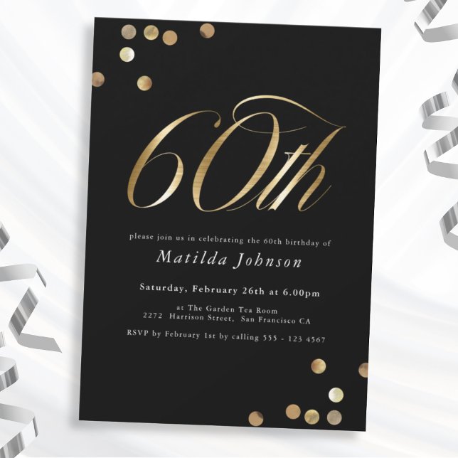Minimalistisk svart och Guld 60:e Födelsedagsfeste Inbjudningar (Mockup View)