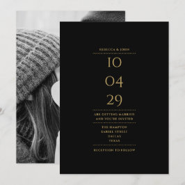 Minimalistisk svart och guld foto bröllopsdatum inbjudningar