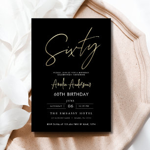 Minimalistisk svart och guldskrift 60-årsdag inbjudningar