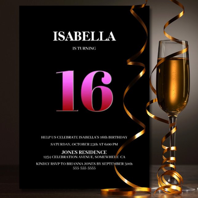 Minimalistisk svart och Rosa 16:e Födelsedagsfeste Inbjudningar (Skapare uppladdad)