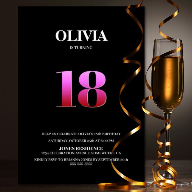 Minimalistisk svart och Rosa 18:e Födelsedagsfeste Inbjudningar (Skapare uppladdad)
