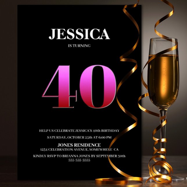 Minimalistisk svart och Rosa 40:e födelsedag Party Inbjudningar (Skapare uppladdad)