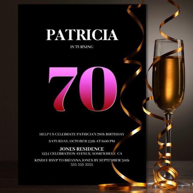 Minimalistisk svart och Rosa 70:e Födelsedagsfeste Inbjudningar (Skapare uppladdad)