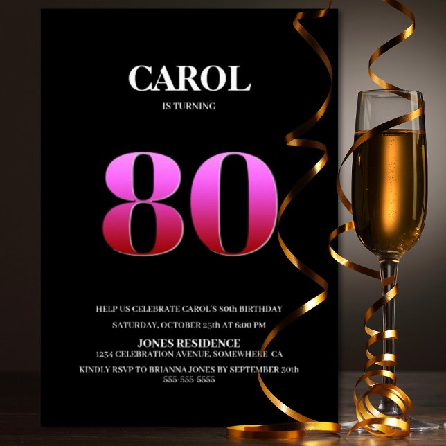 Minimalistisk svart och Rosa 80:e Födelsedagsfeste Inbjudningar (Skapare uppladdad)