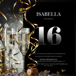 Minimalistisk svart och Silver 16:e Födelsedagsfes Inbjudningar