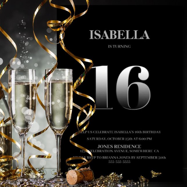 Minimalistisk svart och Silver 16:e Födelsedagsfes Inbjudningar (Skapare uppladdad)