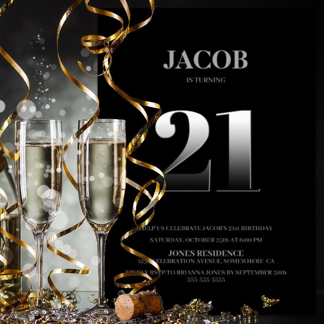 Minimalistisk svart och Silver 21:a födelsedag Par Inbjudningar (Skapare uppladdad)