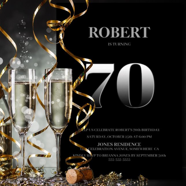 Minimalistisk svart och Silver 70:e Födelsedagsfes Inbjudningar (Skapare uppladdad)