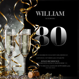 Minimalistisk svart och Silver 80:e Födelsedagsfes Inbjudningar