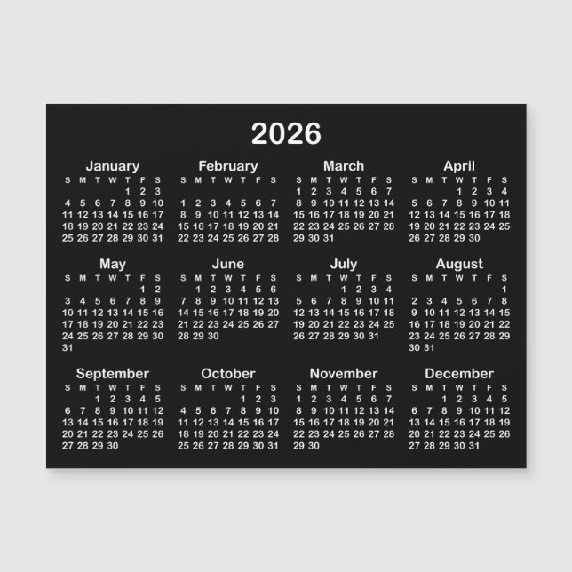 Minimalistisk svart och vit 2026 Magnetisk kalende (Framsida)