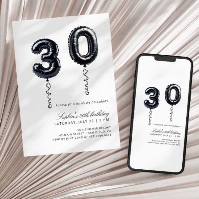 Minimalistisk svart och vit ballong 30års födelsed inbjudningar (Skapare uppladdad)