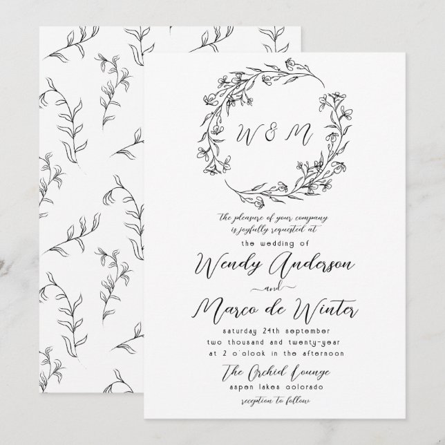 Minimalistisk svart och vit boho botanisk bröllops inbjudningar (Fram/baksida)