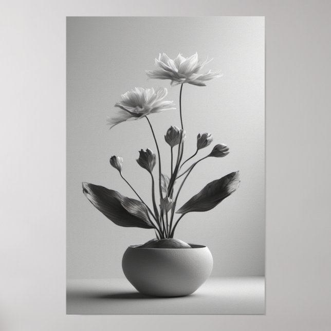 Minimalistisk Svart och Vit Botanisk Blomma Poster (Framsidan)