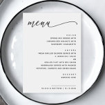 Minimalistisk svart och vit Bröllop | Modern skrip Meny<br><div class="desc">Denna minimalistiska bröllop-meny har en ren vit bakgrund med ett modernt svart skript för rubriken och ett skarpt sans serif typsnitt för måltidsuppgifterna. Det här kortet visar varje kurs i en tydlig elegant-layout och ger en snyggt till alla bord som tar emot programmet. Fullt anpassade med namn, bröllop-datum och middagsval....</div>