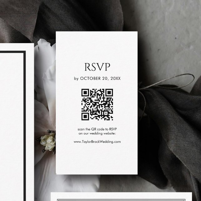 Minimalistisk svart och vit bröllops-RSVP QR-kod Tilläggskort (Skapare uppladdad)