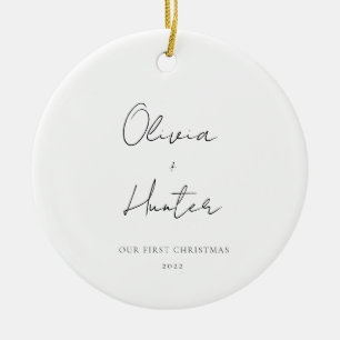 Minimalistisk svart och vit första jul julgransprydnad keramik