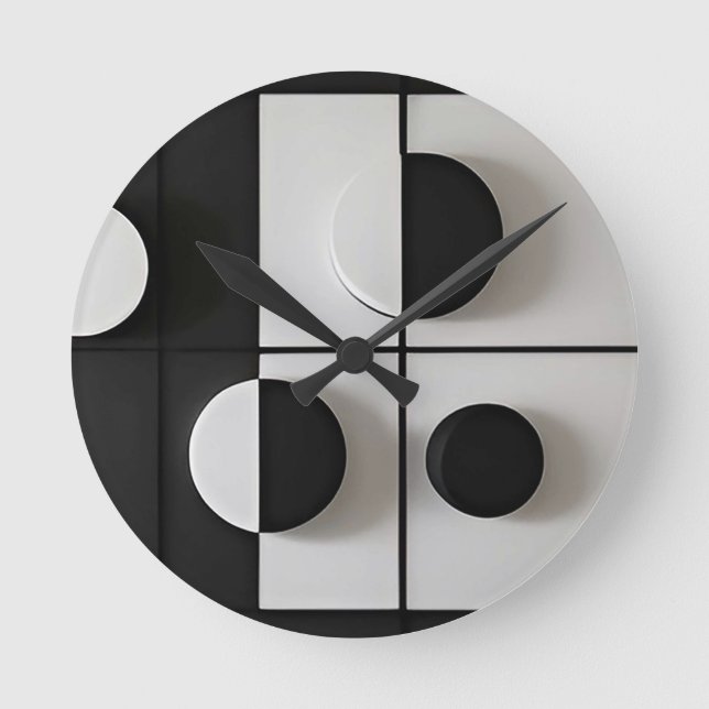 Minimalistisk svart och vit geometrisk abstrakt ko rund klocka (Framsida)