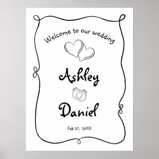 Minimalistisk svart och vit klotter Wedding välkom Poster