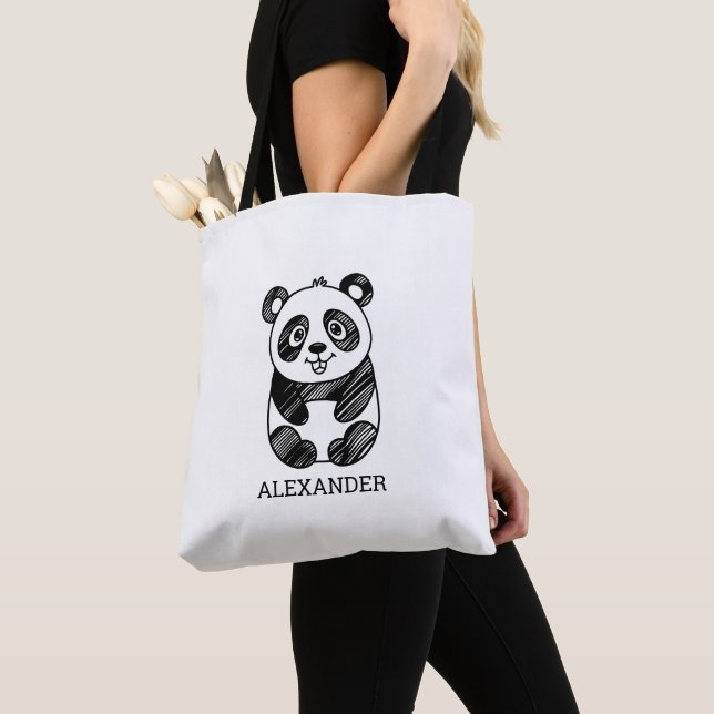 Minimalistisk svart och vit kute Panda Teckning Tygkasse (Närbild)