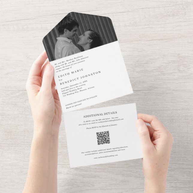 Minimalistisk svart och vit QR-kod foto bröllop (Avrivbar del)