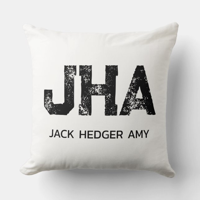 MINIMALISTISK SVART TREMÄRKES MONOGRAM NAMN VIT KUDDE (Framsida)
