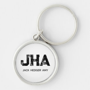 MINIMALISTISK SVART TREMÄRKES MONOGRAM NAMN VIT RUND SILVERFÄRGAD NYCKELRING