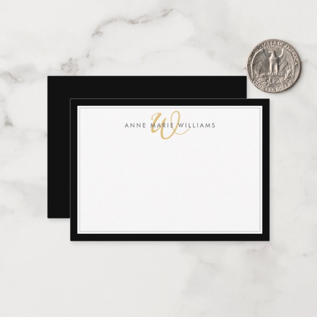 Minimalistisk svart två ramar guldmonogram anteckningskort (Fram/Back In Situ)