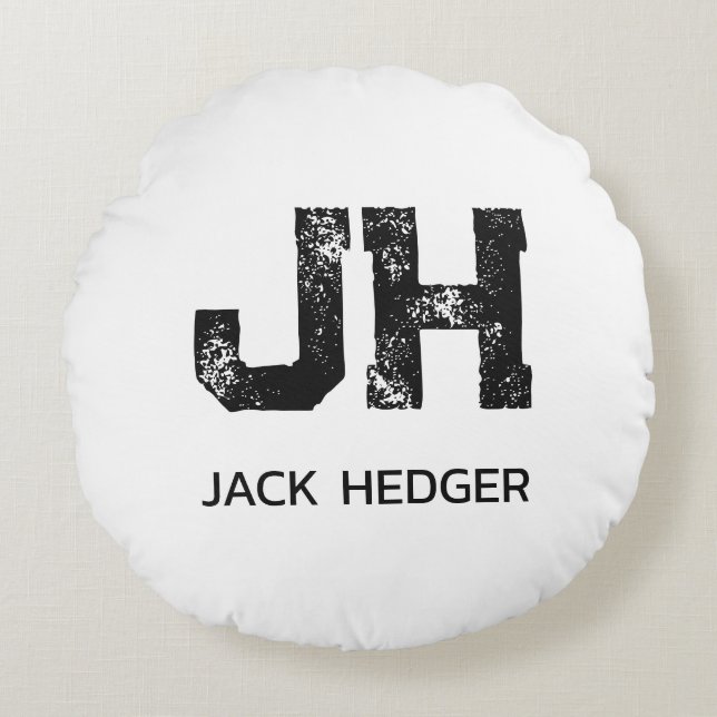 MINIMALISTISK SVART TVÅBOKSTAVIG MONOGRAM NAMN VIT RUND KUDDE (Framsidan)