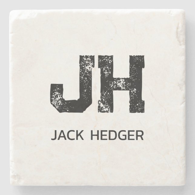 MINIMALISTISK SVART TVÅBOKSTAVIG MONOGRAM NAMN VIT STENUNDERLÄGG (Framsidan)