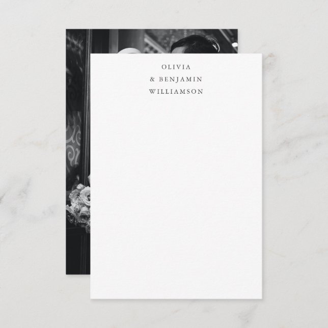 Minimalistisk svart typografi foto bröllopsnamn tack kort (Fram/baksida)