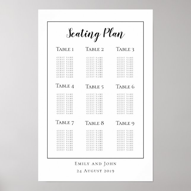 Minimalistisk svart typografi/kant Bordplan Poster (Framsidan)