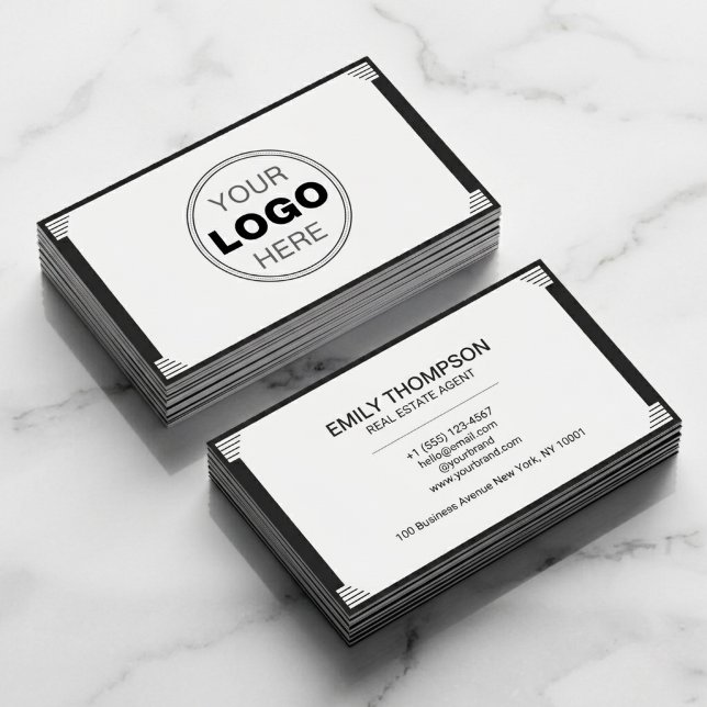 Minimalistisk svart-vit Art Deco-logotyp Visitkort (Elegant Minimalist Art Deco Business Card for Realtors)