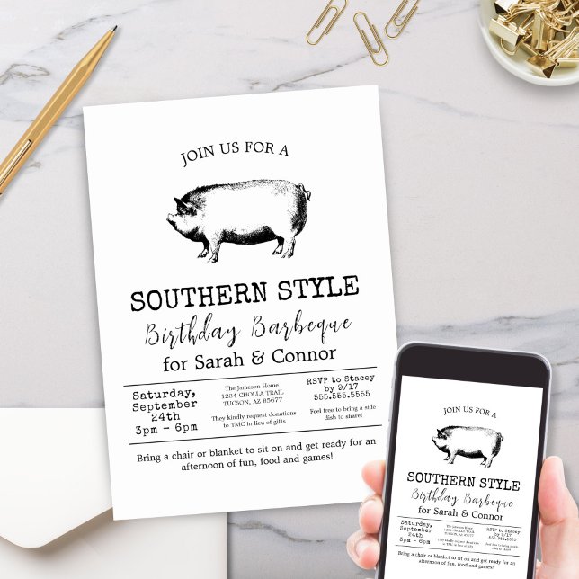 Minimalistisk svart-vit BBQ-grisstekning fest Inbjudningar (Minimal Black and White Vintage Rustic Farmhouse Whole Pig Barbeque Party Invitations)