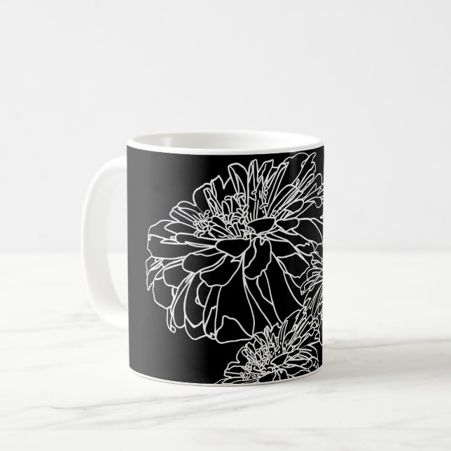 Minimalistisk svart vit blommigt teckning kaffemugg (Framsida vänster)