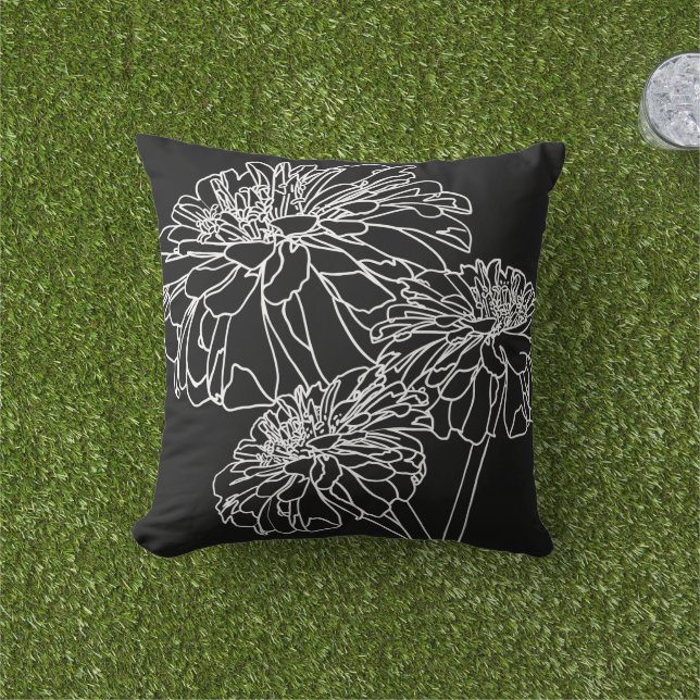 Minimalistisk svart vit blommigt teckning kudde (Gräs)