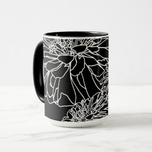 Minimalistisk svart vit blommigt teckning mugg