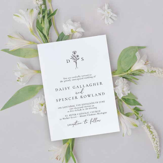 Minimalistisk svart & vit blomster monogram bröllo inbjudningar (Skapare uppladdad)