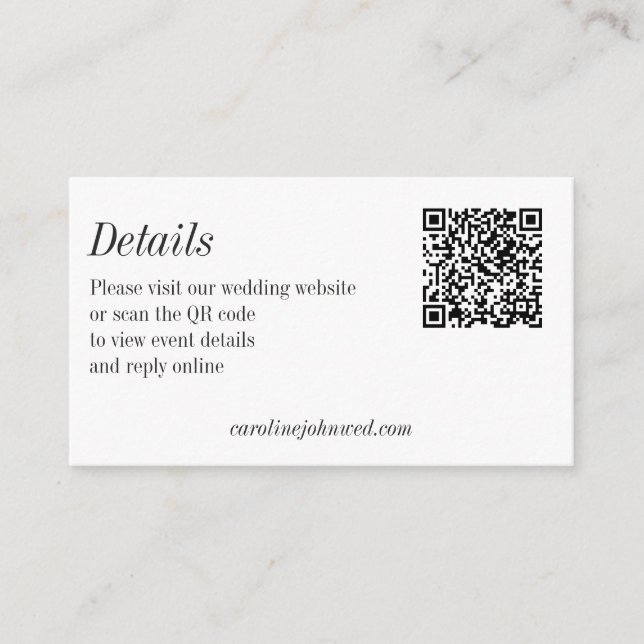 Minimalistisk svart-vit bröllops QR-kod detaljer Tilläggskort (Framsida)