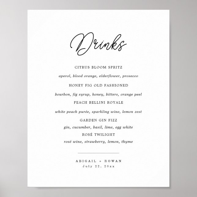 Minimalistisk svart-vit bröllopsbarmeny i scriptst poster (Framsidan)